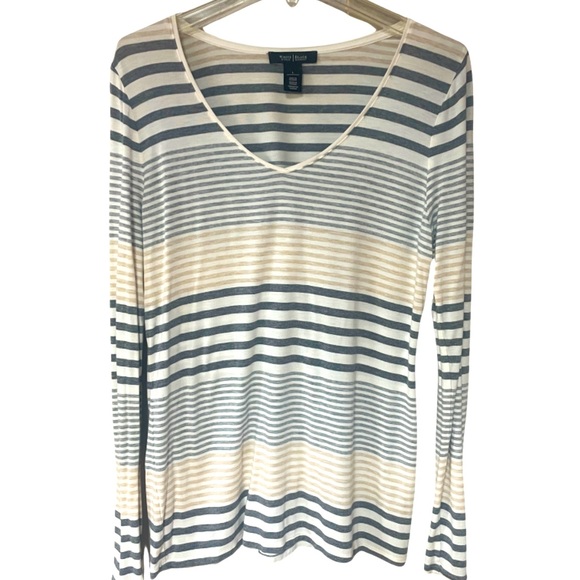 White House Black Market Tops - White House Black Market Grey White Beige Stripe V-Neck Pullover Top Sz L